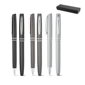 HALEY. Conjunto de roller e esferográfica em alumínio com escrita em azul