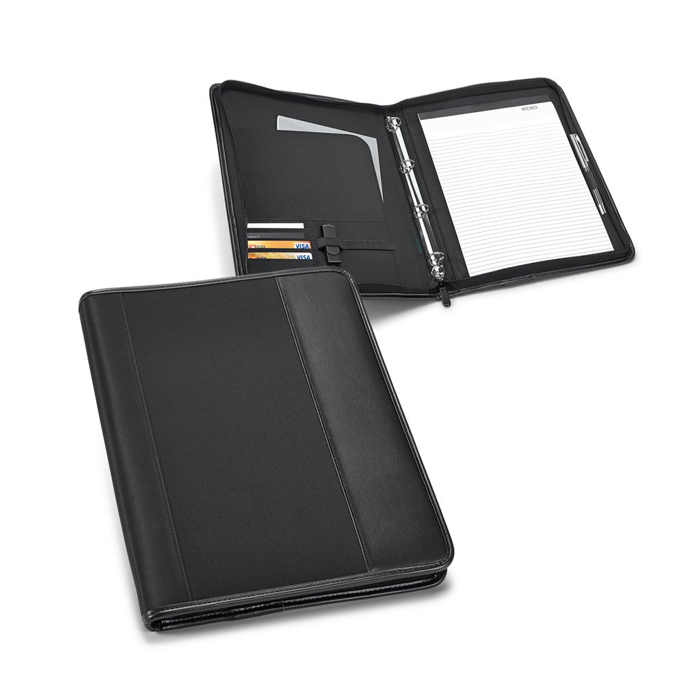 CHRISTIE. Pasta A4 em c. sintético e microfibra com 4 argolas e bloco de 40 páginas pautadas