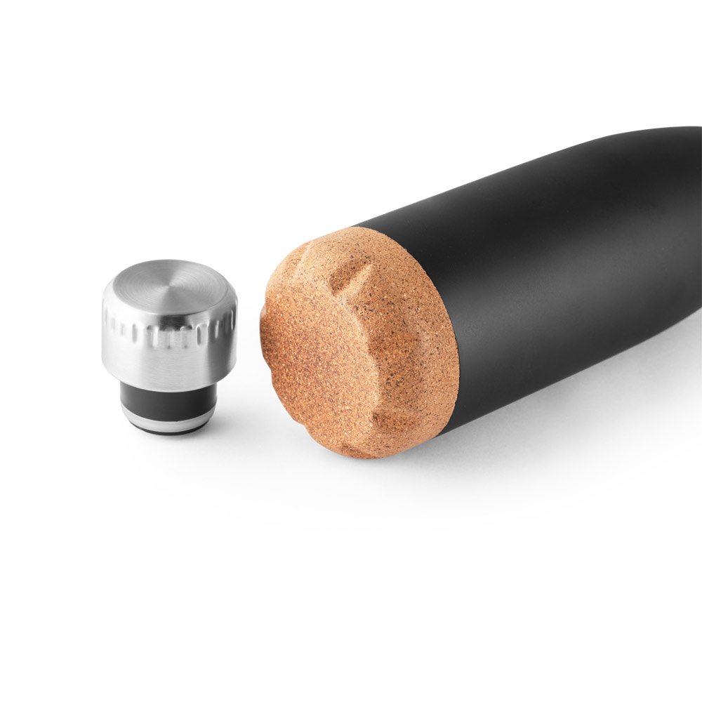 SOLBERG. Garrafa em aço inox de parede dupla térmica, isolada a vácuo, com tampa em aço inox e base em cortiça 560 mL - Imagem 7