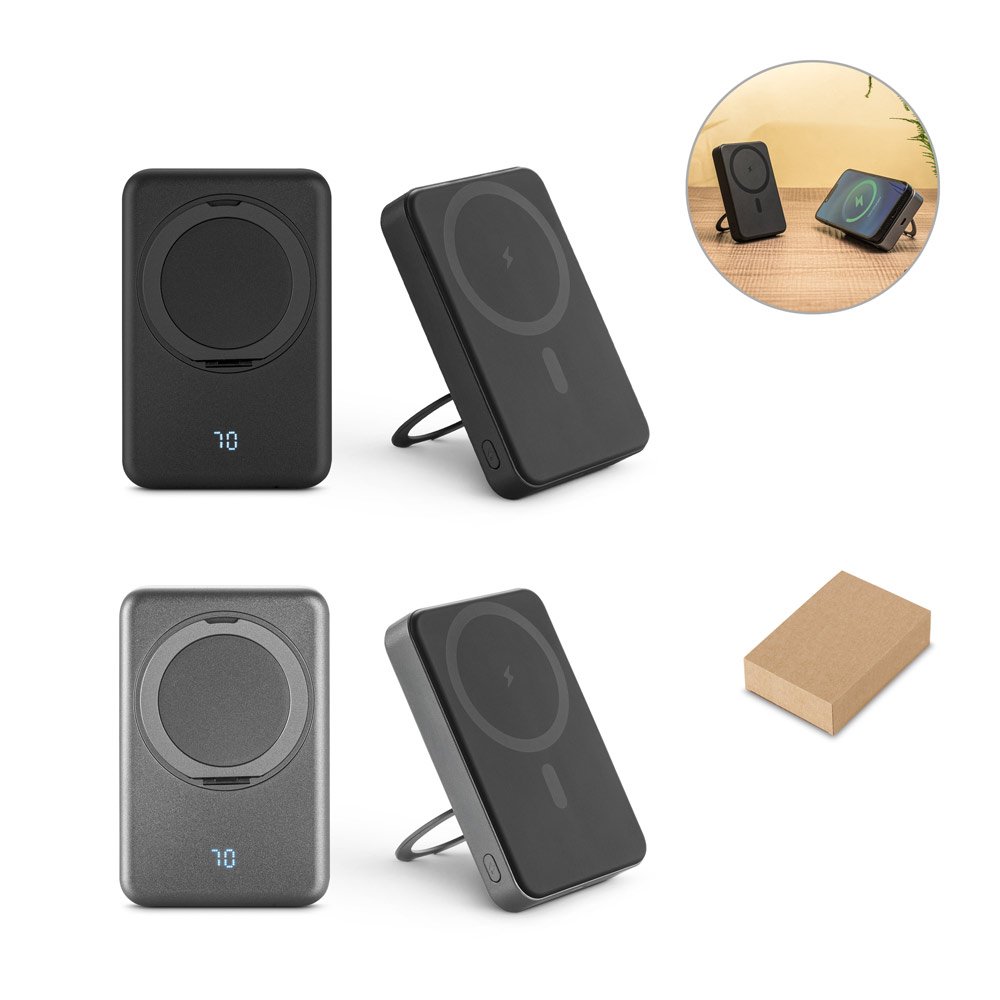 WARSHEL 10. Bateria portátil magnética em ABS 100% reciclado com suporte, carregador wireless super-rápido 15W e capacidade de 10'000 mAh